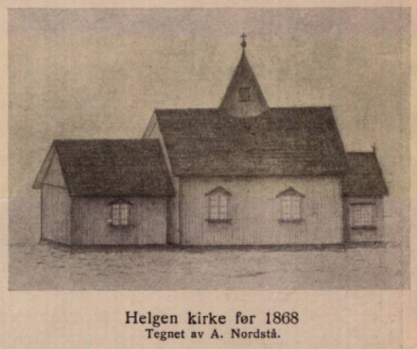 Helgen Kirke før 1868. Tegnet av A. Nordstå.