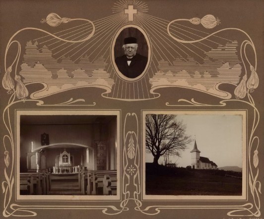 Helgen Kirke, med interiør, eksteriør og prest.
Helgen church c.1900.